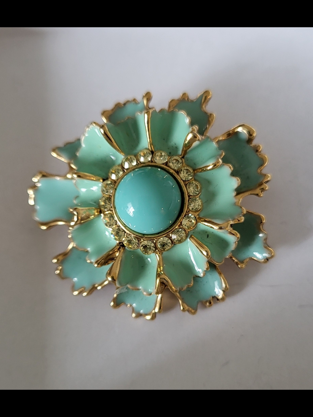 Rear Vintage Lee Angel Enamel Gold-Tone Turquoise Color Flower Brooch